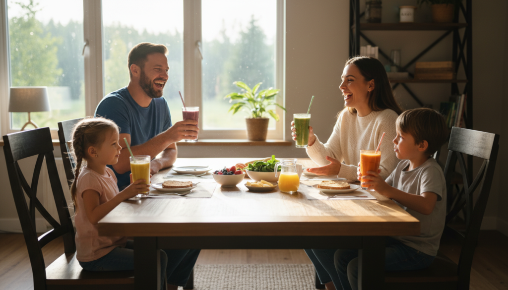 family enjoying smoothies together at breakfast table