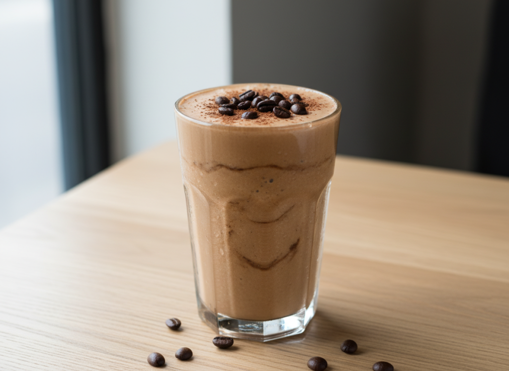 finished coffee protein smoothie in glass with garnish