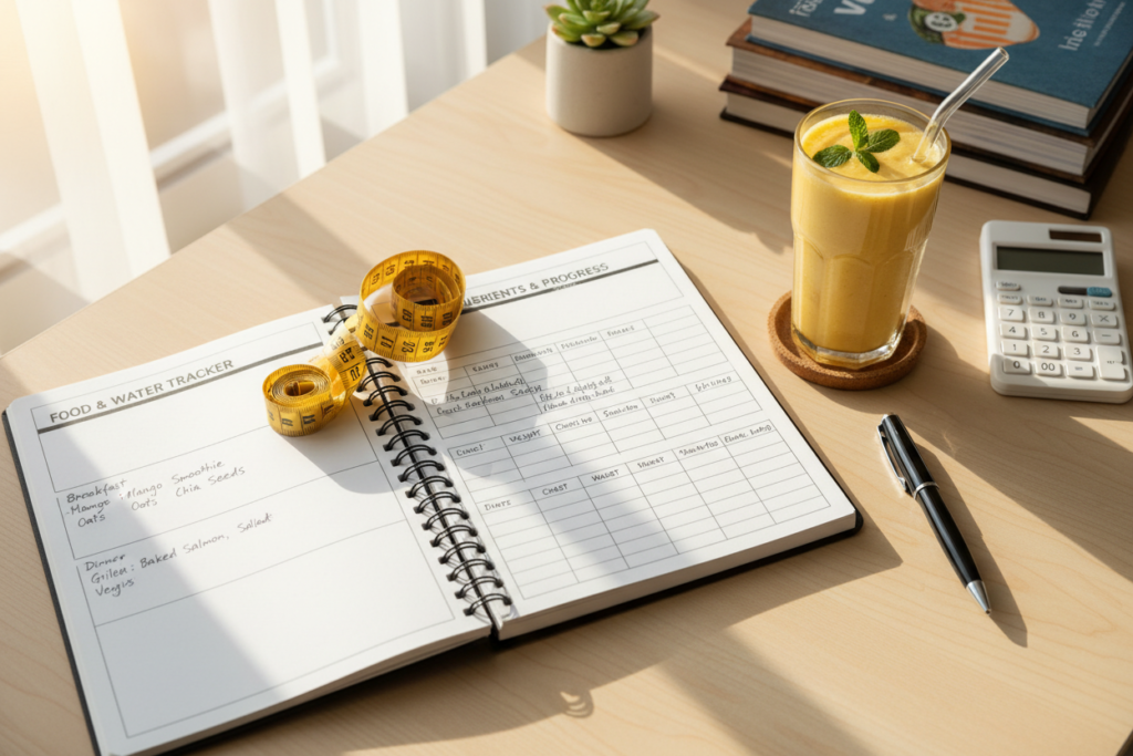 fitness journal with food tracking, measuring tape, and healthy smoothie on desk