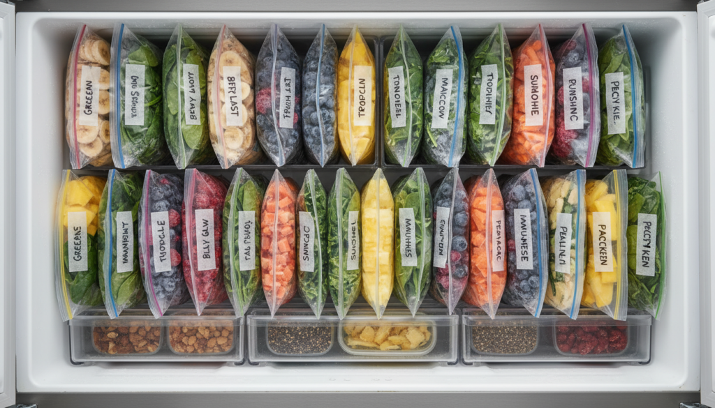 freezer bags filled with pre-portioned smoothie ingredients