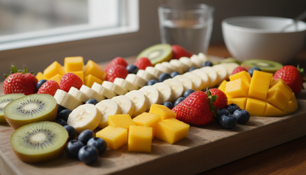 fresh fruit ingredients for kids smoothies including banana strawberries and mango