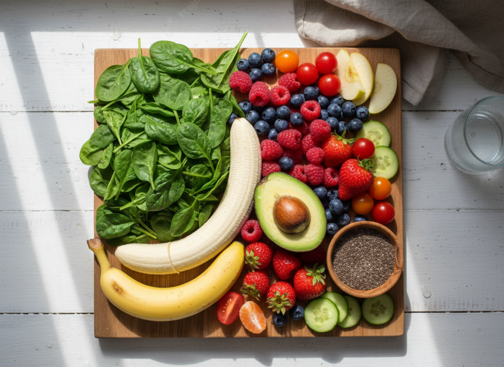 fresh fruits and vegetables for healthy smoothie preparation