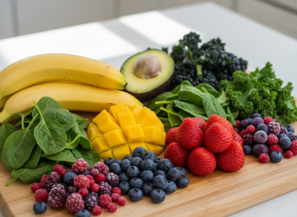 fresh fruits and vegetables for high protein smoothies