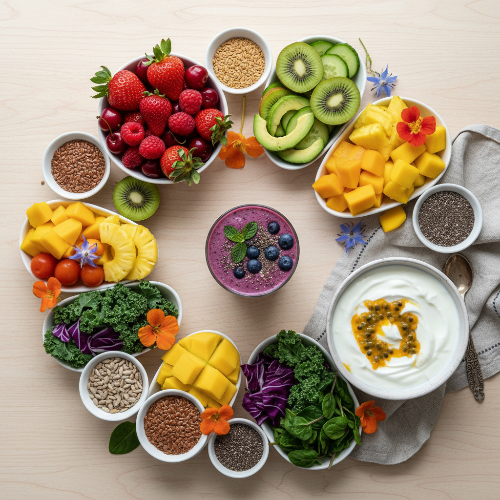 fresh fruits vegetables and healthy smoothie ingredients arranged together