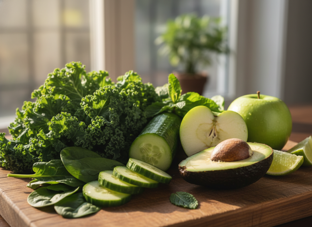 fresh leafy greens and skin-supporting ingredients for green smoothie recipes healthy glowing skin