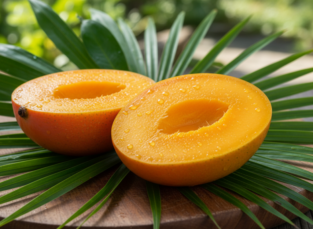 fresh ripe mangoes cut in half showing bright orange flesh with tropical leaves in background