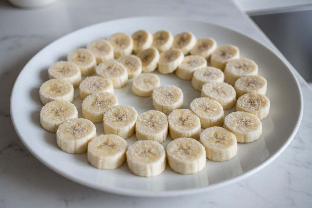 frozen banana slices arranged on plate