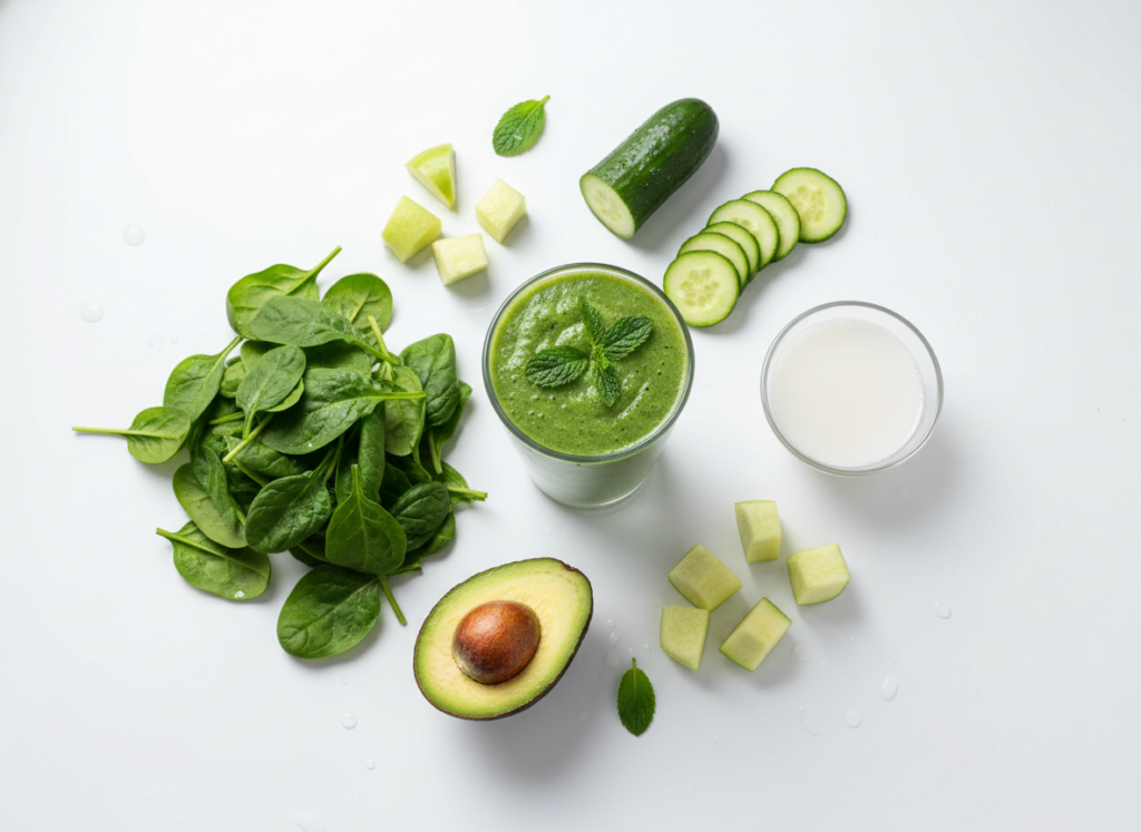 glowing skin green smoothie with ingredients laid out for preparation