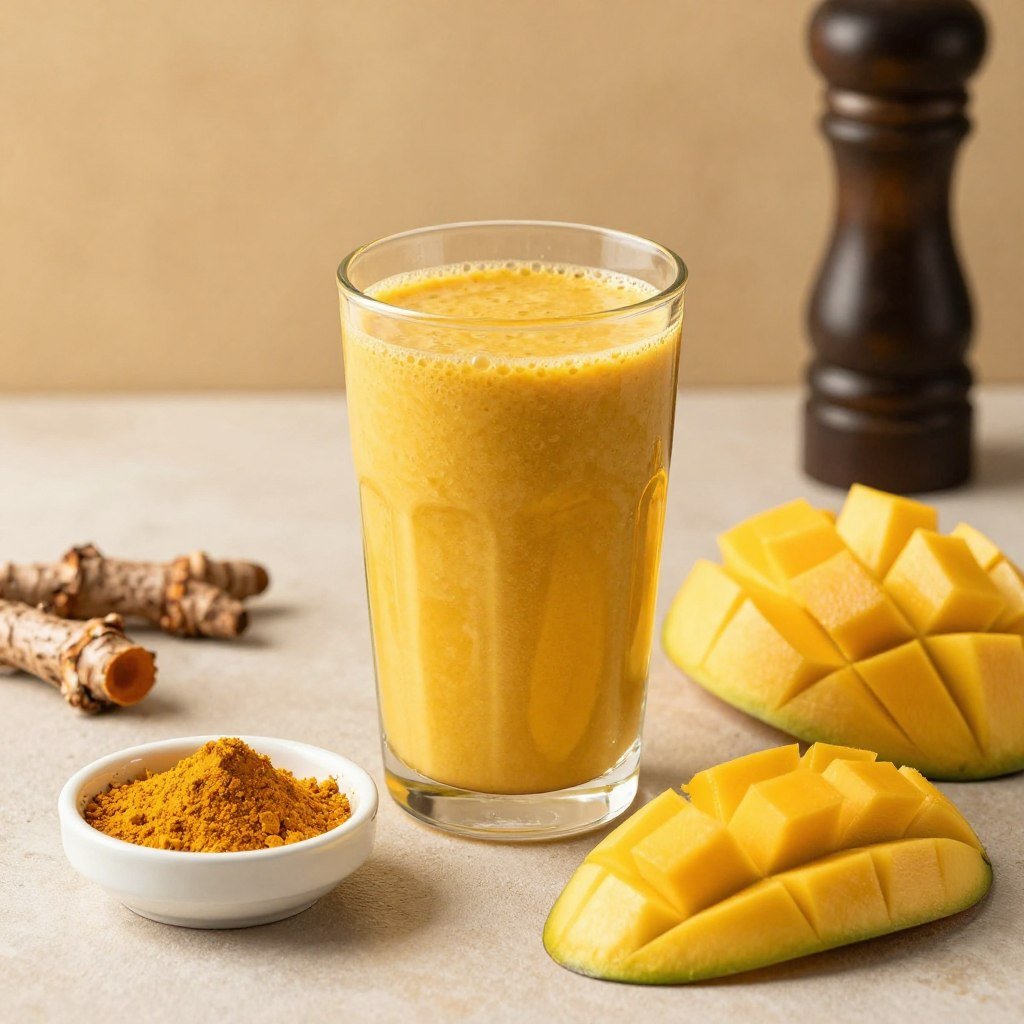 golden yellow smoothie with turmeric powder and fresh mango slices golden yellow smoothie with turmeric powder and fresh mango slices