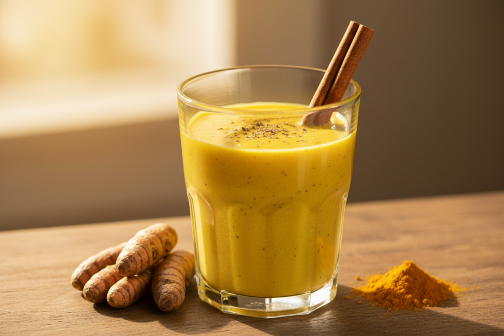 golden yellow turmeric smoothie with black pepper specks