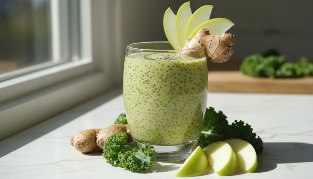 green apple ginger smoothie with fresh ginger root and apple slices green apple ginger smoothie with fresh ginger root and apple slices