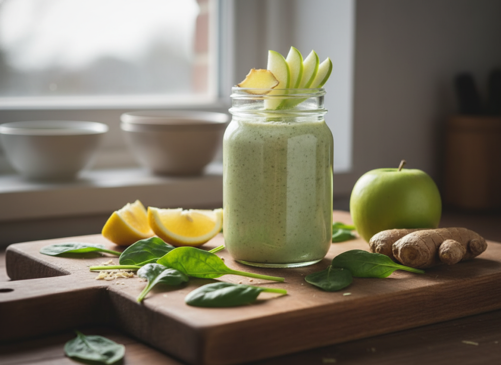 green apple smoothie with fresh ginger and spinach