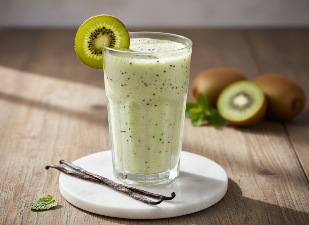 green kiwi smoothie with kiwi slice garnish and vanilla bean