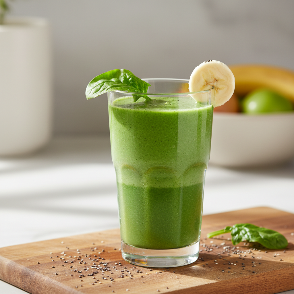 green protein smoothie with spinach and banana in tall glass