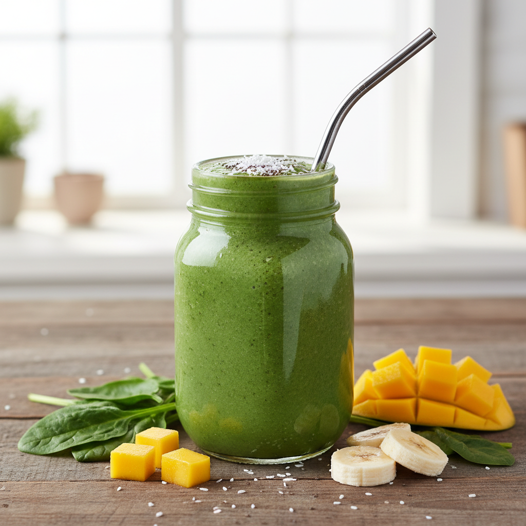 green protein smoothie with spinach and tropical fruits