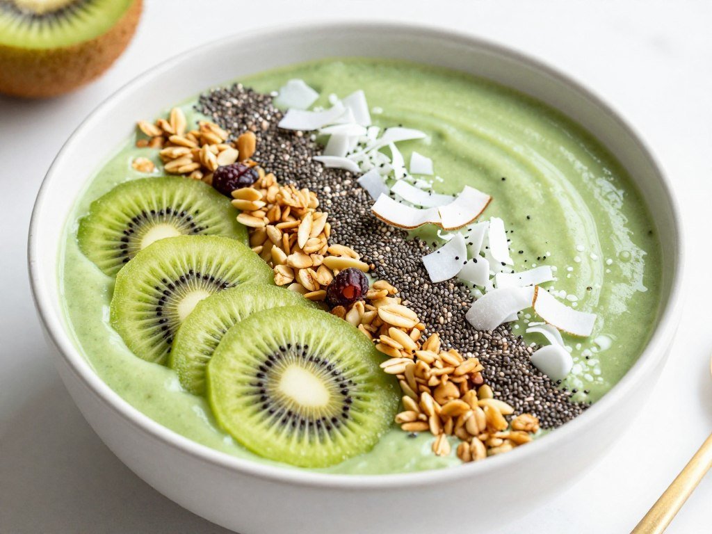 green smoothie bowl with organized toppings