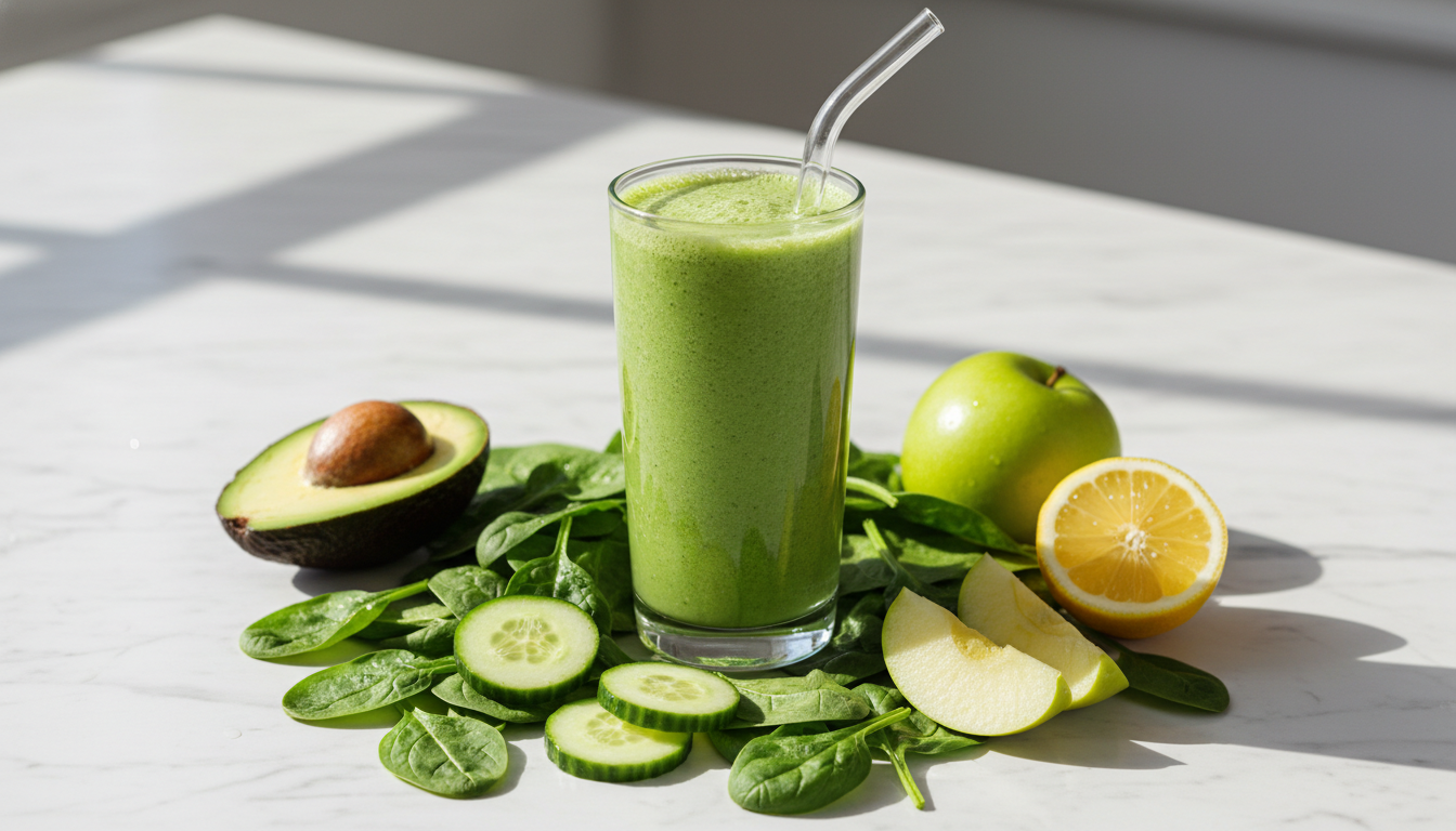 green smoothie recipes healthy glowing skin in glass with fresh ingredients