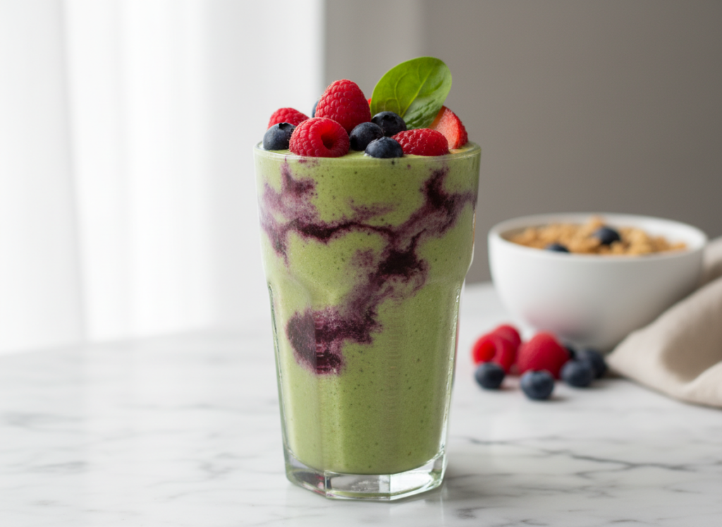 green smoothie with frozen berries and spinach in glass