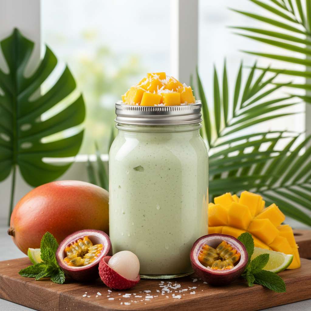 green smoothie with mango and coconut