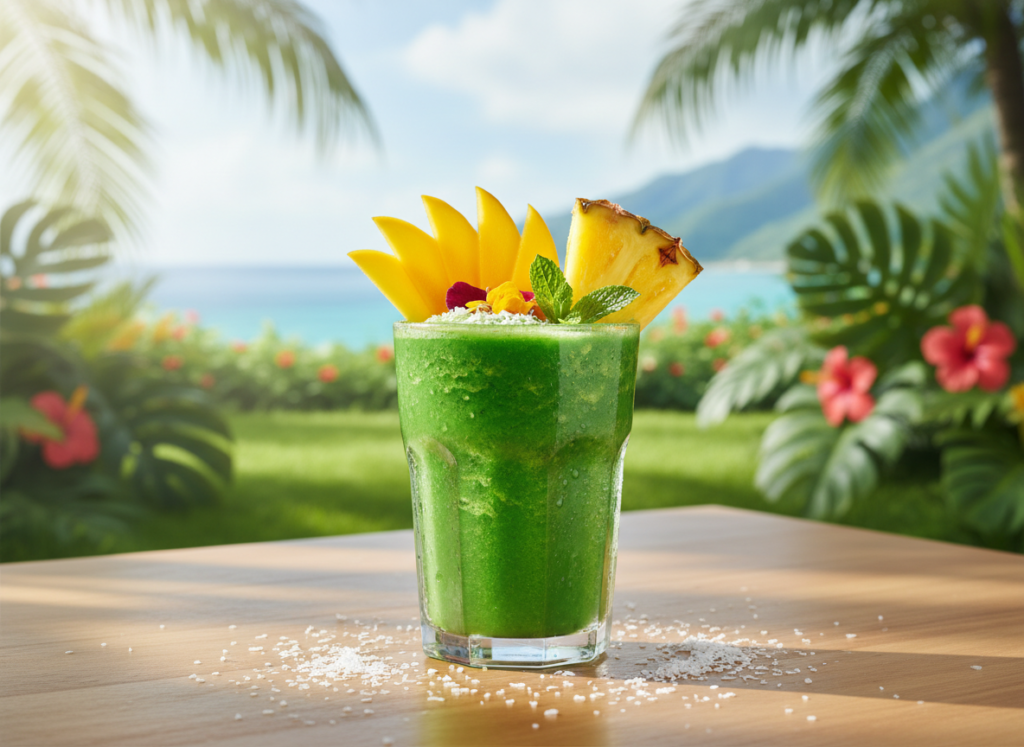 green tropical smoothie with mango and pineapple garnish