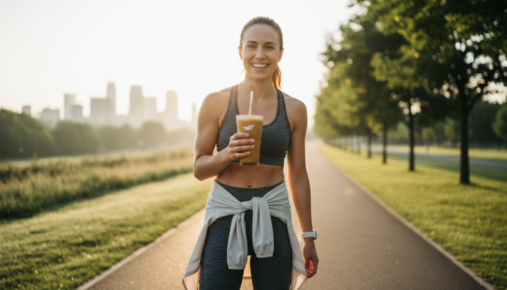 happy person enjoying coffee protein smoothie outdoors