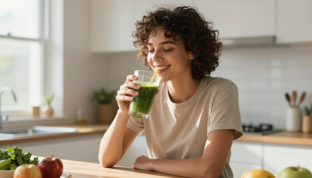 happy person enjoying healthy fruit smoothie in bright kitchen setting happy person enjoying healthy fruit smoothie in bright kitchen setting