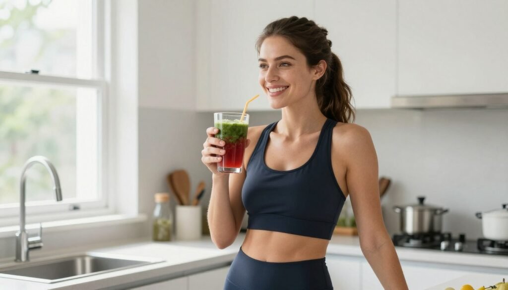 happy person enjoying healthy protein smoothie happy person enjoying healthy protein smoothie