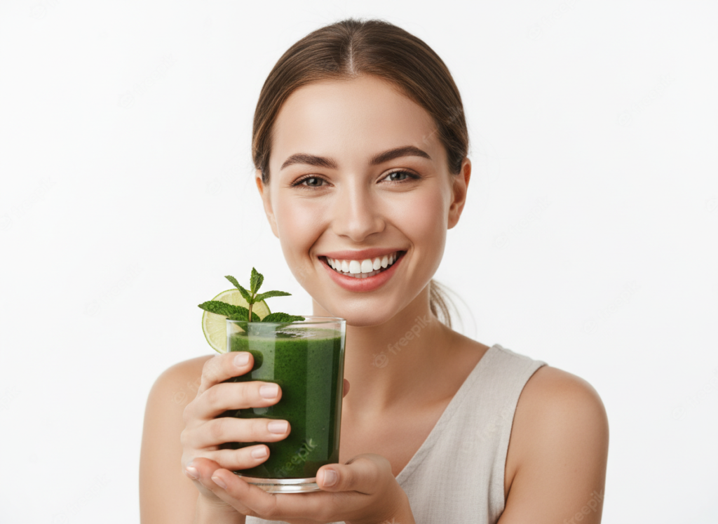happy woman with clear glowing skin holding a healthy smoothie