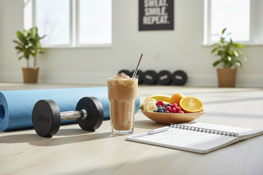 healthy coffee protein smoothie with nutritious ingredients displayed