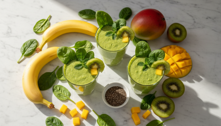 healthy green breakfast smoothies recipes with fresh spinach kale and tropical fruits