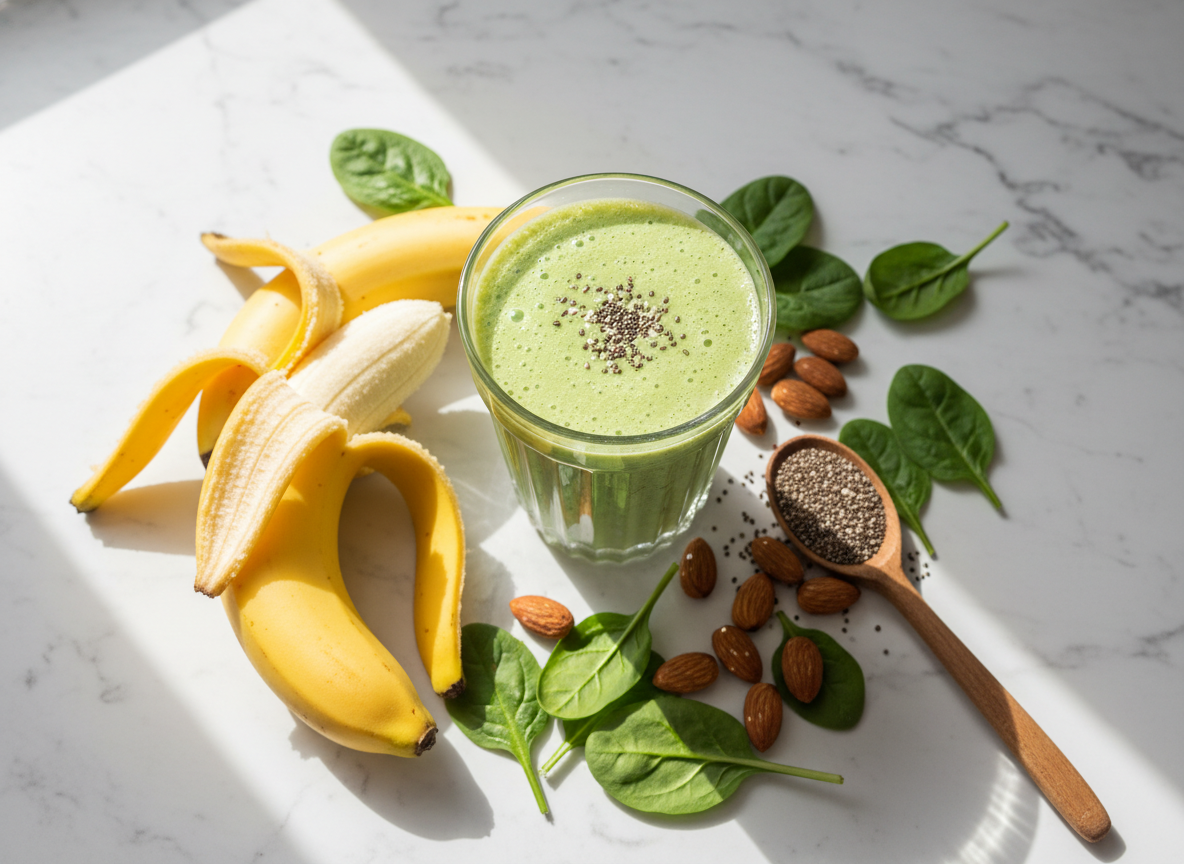 healthy smoothie recipes banana featuring fresh yellow bananas and green smoothie in glass