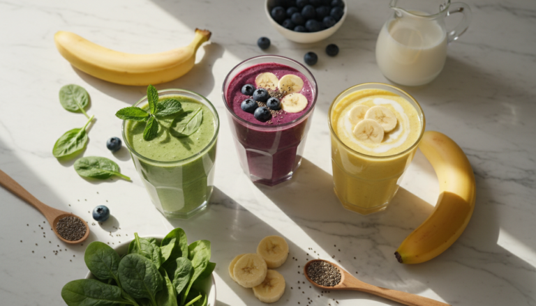 healthy smoothie recipes clear skin featuring colorful blended drinks with fresh fruits and vegetables