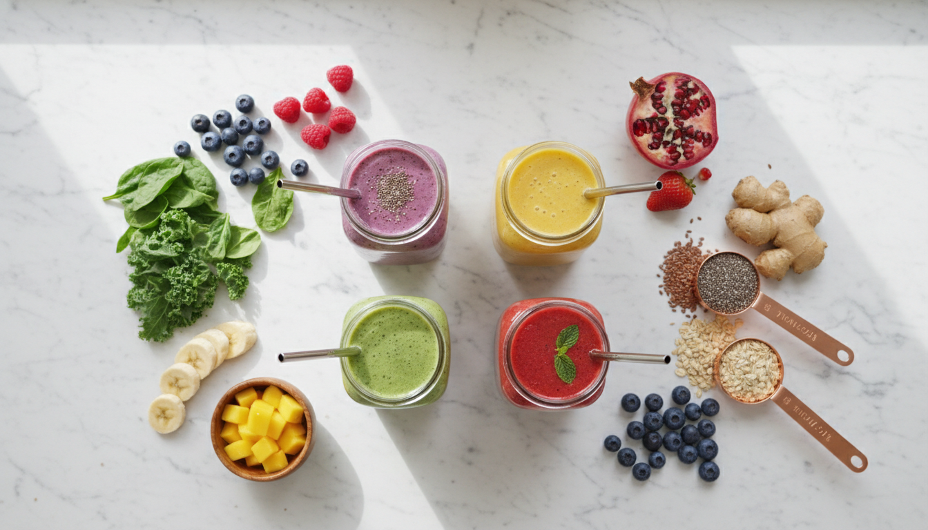 healthy smoothie recipes flat belly featuring colorful smoothies in glasses