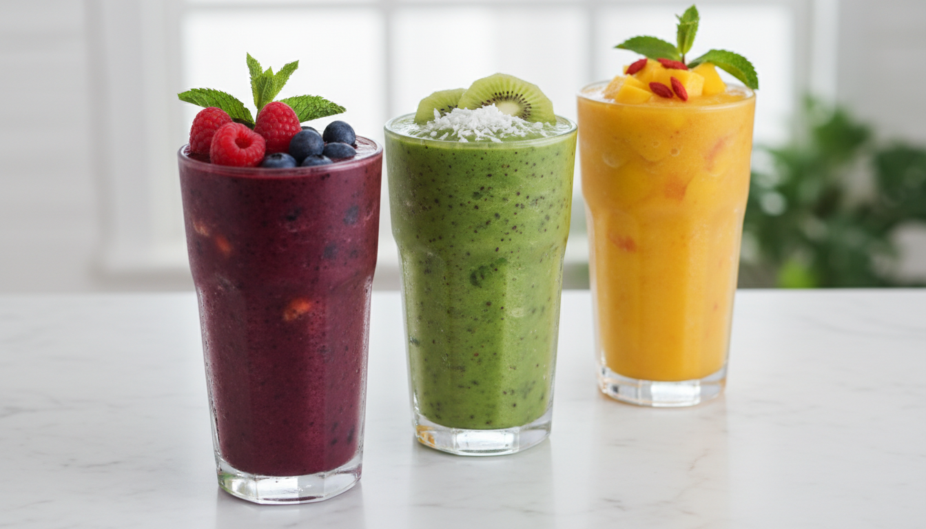 healthy smoothies with frozen fruit recipes in colorful glasses