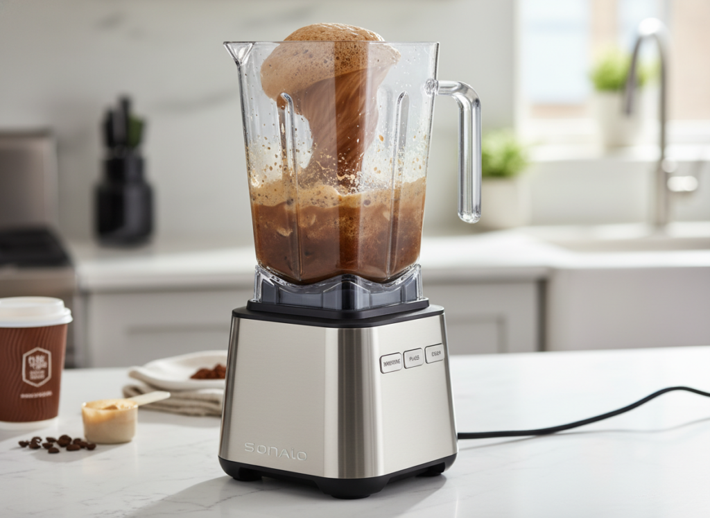 high-powered blender making coffee protein smoothie