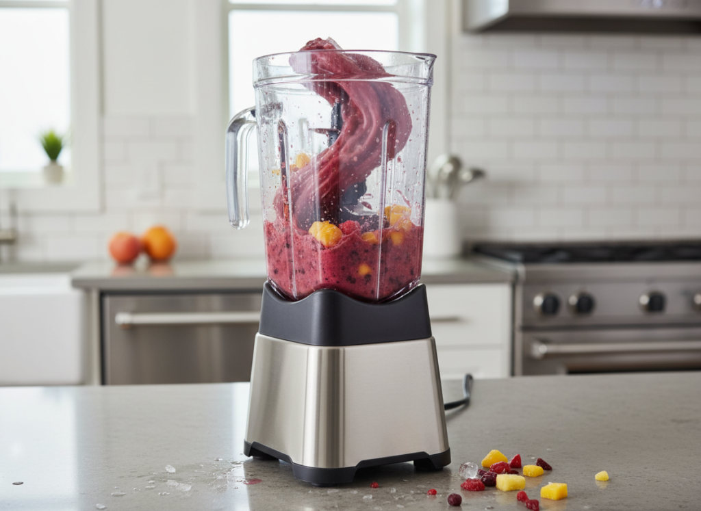 high-powered blender making frozen fruit smoothie