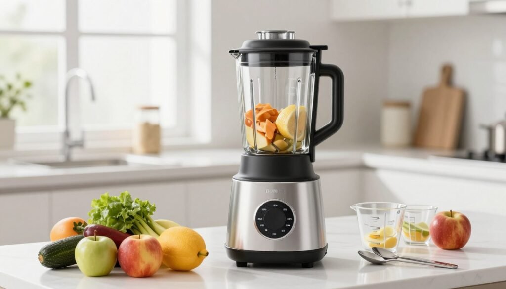 high-powered blender with fresh ingredients arranged around it on kitchen counter high-powered blender with fresh ingredients arranged around it on kitchen counter