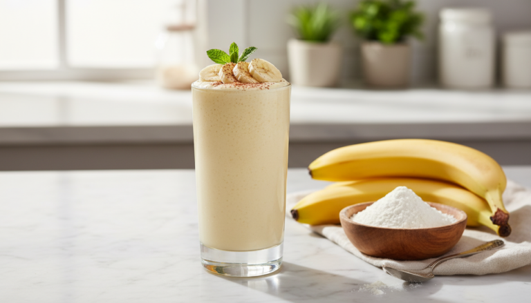 high protein banana smoothie in a glass with fresh banana slices