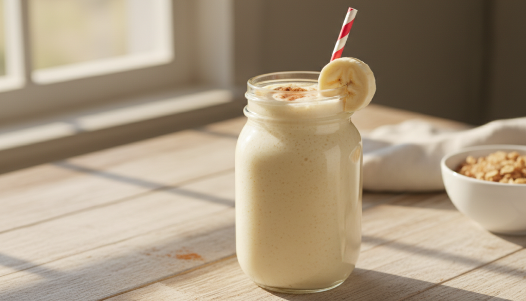 high protein banana smoothie served in mason jar with straw