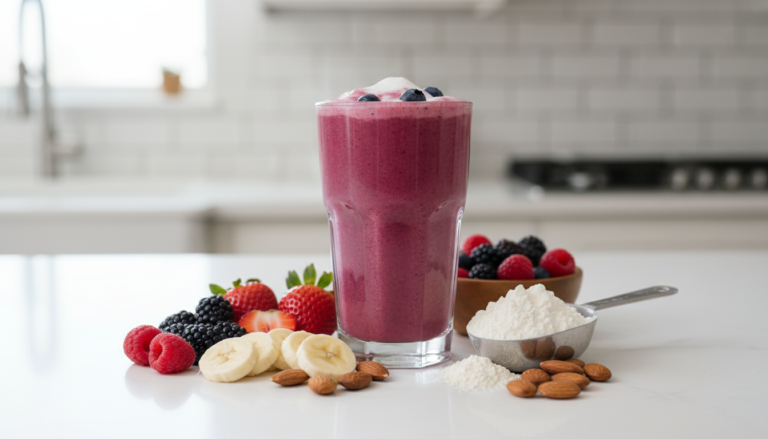 high protein dairy free smoothie in glass with colorful fruits and protein powder