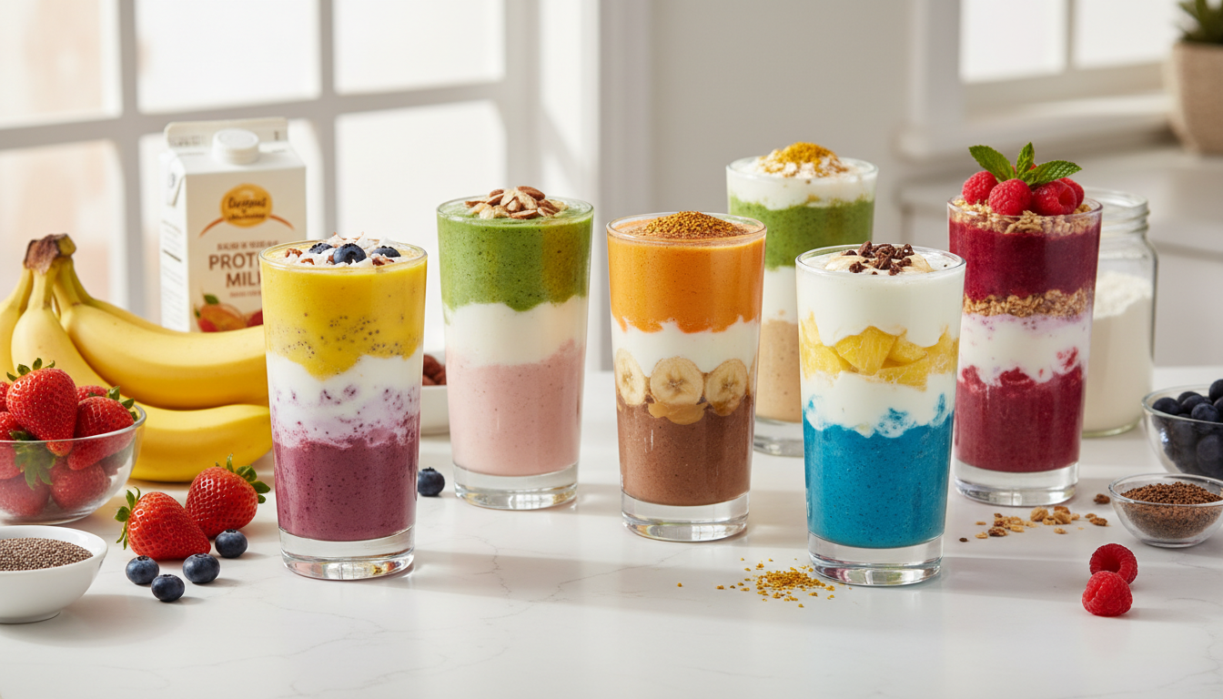 high protein smoothie recipes with colorful fruits and protein powder