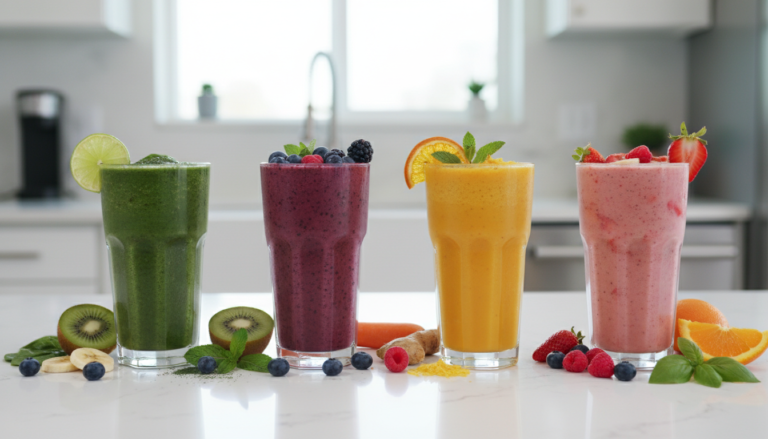homemade smoothies recipes easy healthy colorful array on kitchen counter