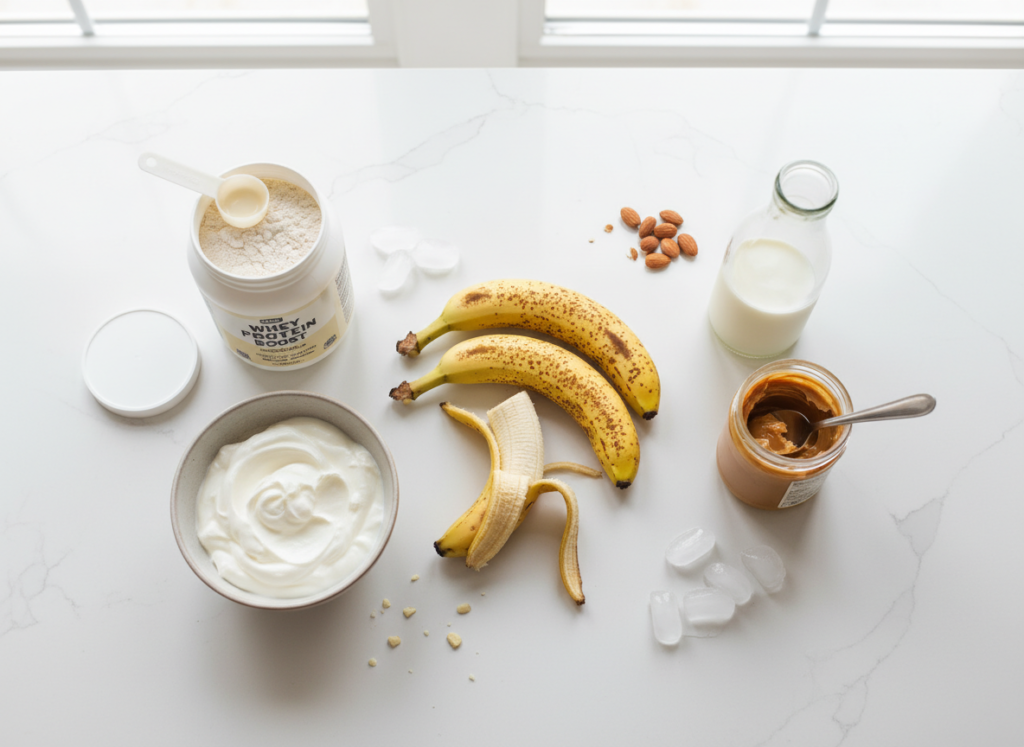 ingredients for high protein banana smoothie laid out on kitchen counter