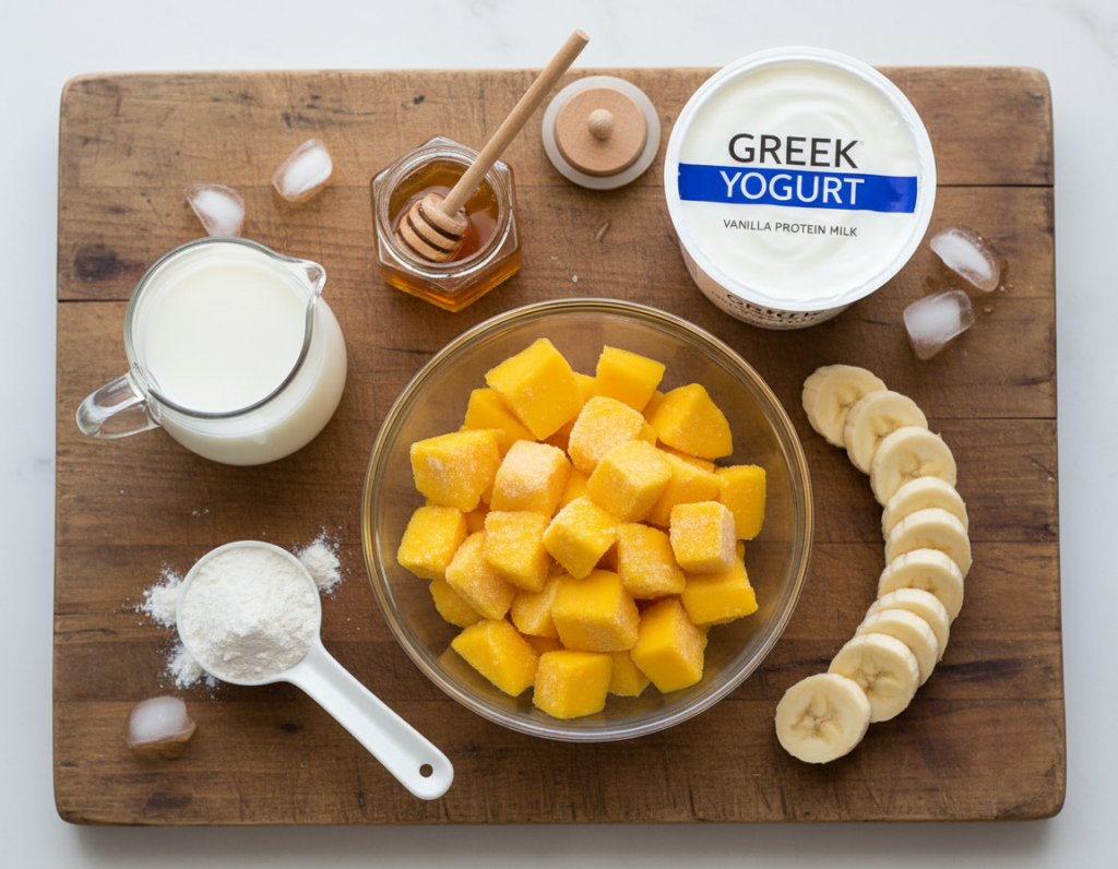 ingredients for mango smoothie laid out on wooden cutting board including mango chunks, banana, yogurt, and protein powder