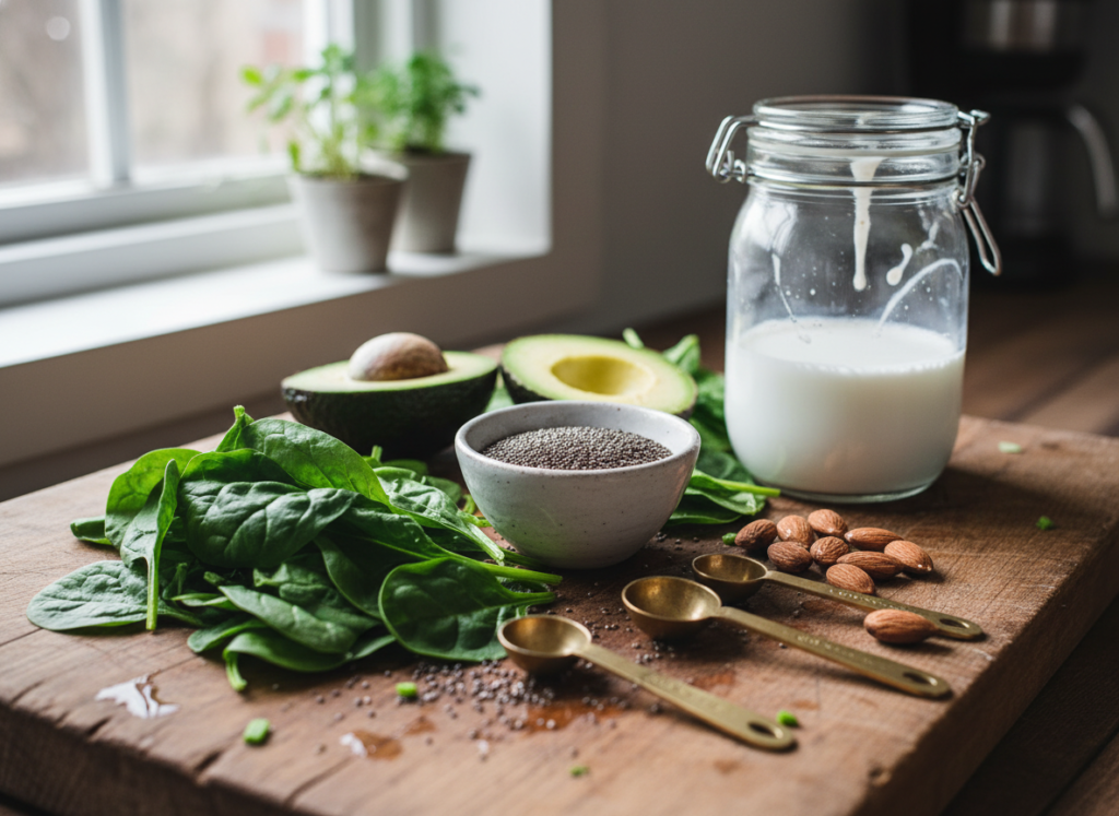 ingredients for weight loss smoothies including chia seeds and leafy greens