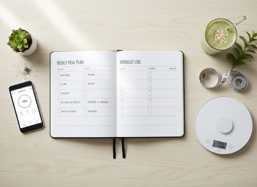 journal and measuring tools for tracking weight loss progress with smoothies for weight losing with oats