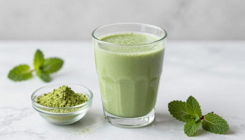 light green smoothie with matcha powder and fresh mint leaves light green smoothie with matcha powder and fresh mint leaves