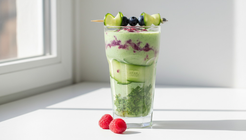 low-sugar green smoothie with frozen berries and vegetables