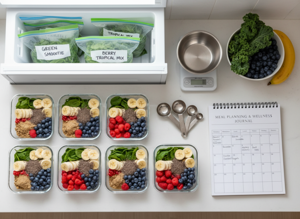 meal prep containers with smoothie ingredients organized