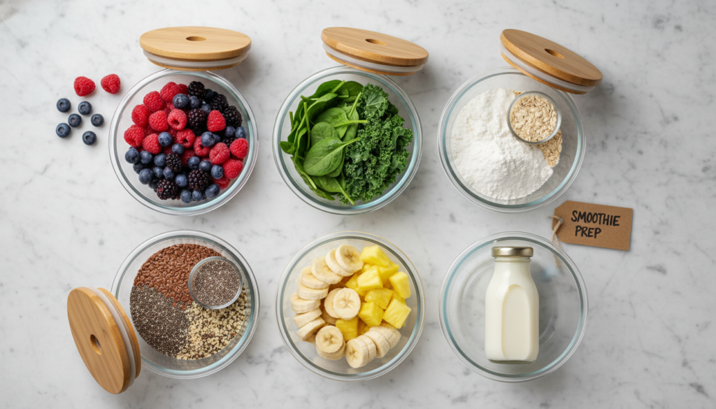 meal prep containers with smoothie ingredients portioned